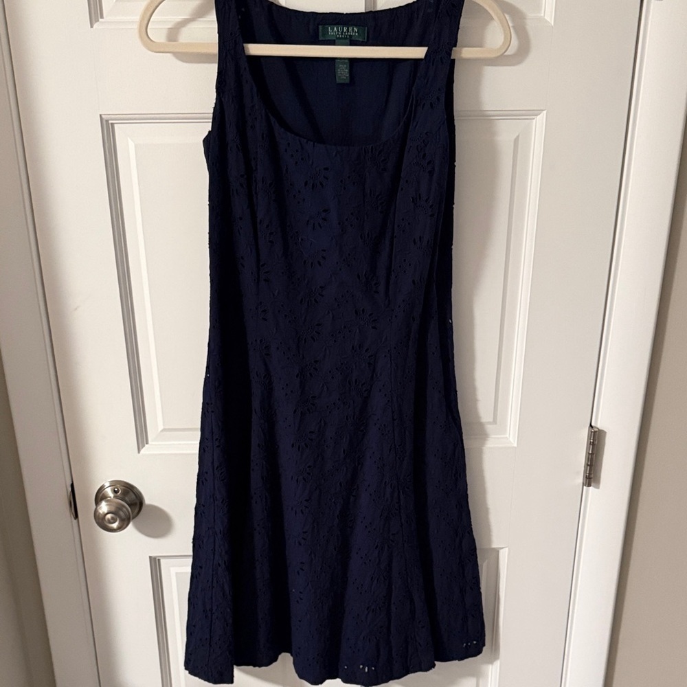 Lauren Ralph Lauren Navy Eyelet Fit & Flare Sleeveless Dress Scoop Neck Size 2